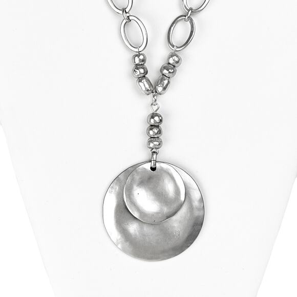 Chico's Pendant Necklace Silver Tone Modernist Double Medallion Discs Open Links - Picture 1 of 13